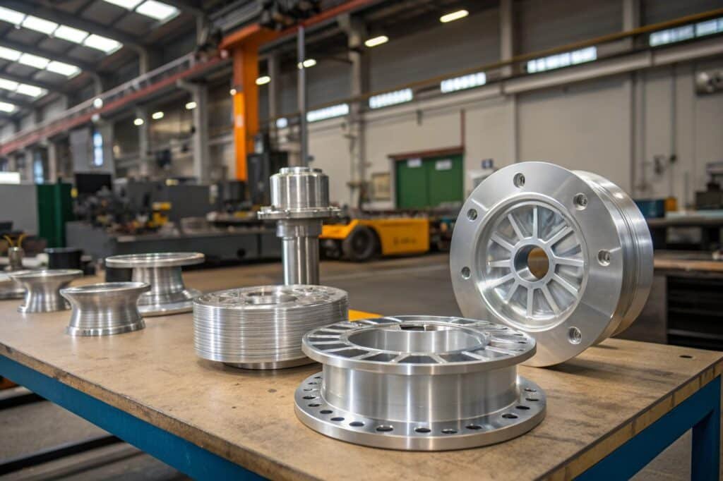 A step-by-step visual of the aluminum forging process: showing raw material, heating, placement in dies, and the hammer/press action to form the part.